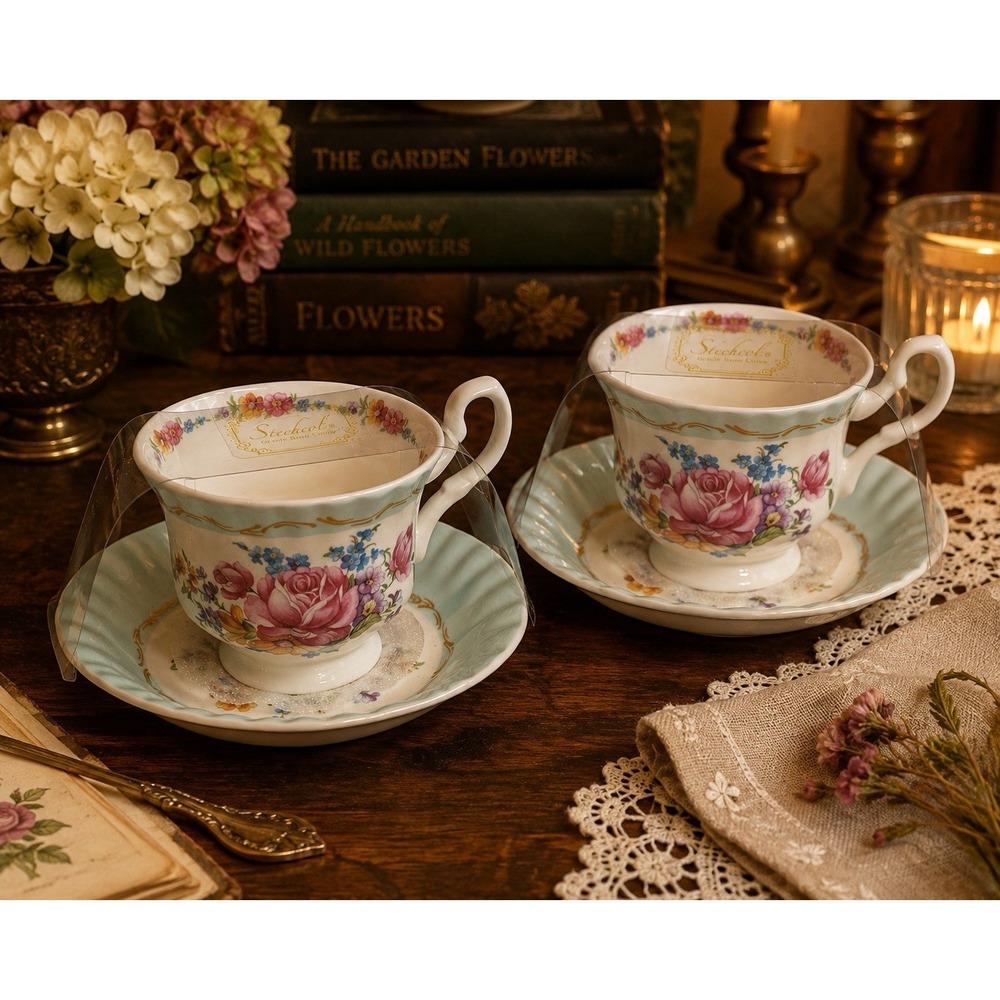 Set of 2 Stechcol Gracie Bone China Floral Teacup & Saucer Sets